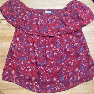Lucky Brand Red and Blue Floral Top Off the Shoulders Size Small